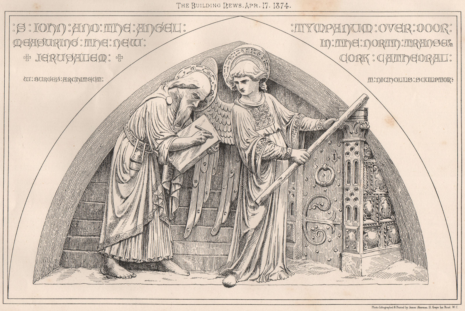 Tympanum over door in the north transept, Cork Cathedral 1874 old print